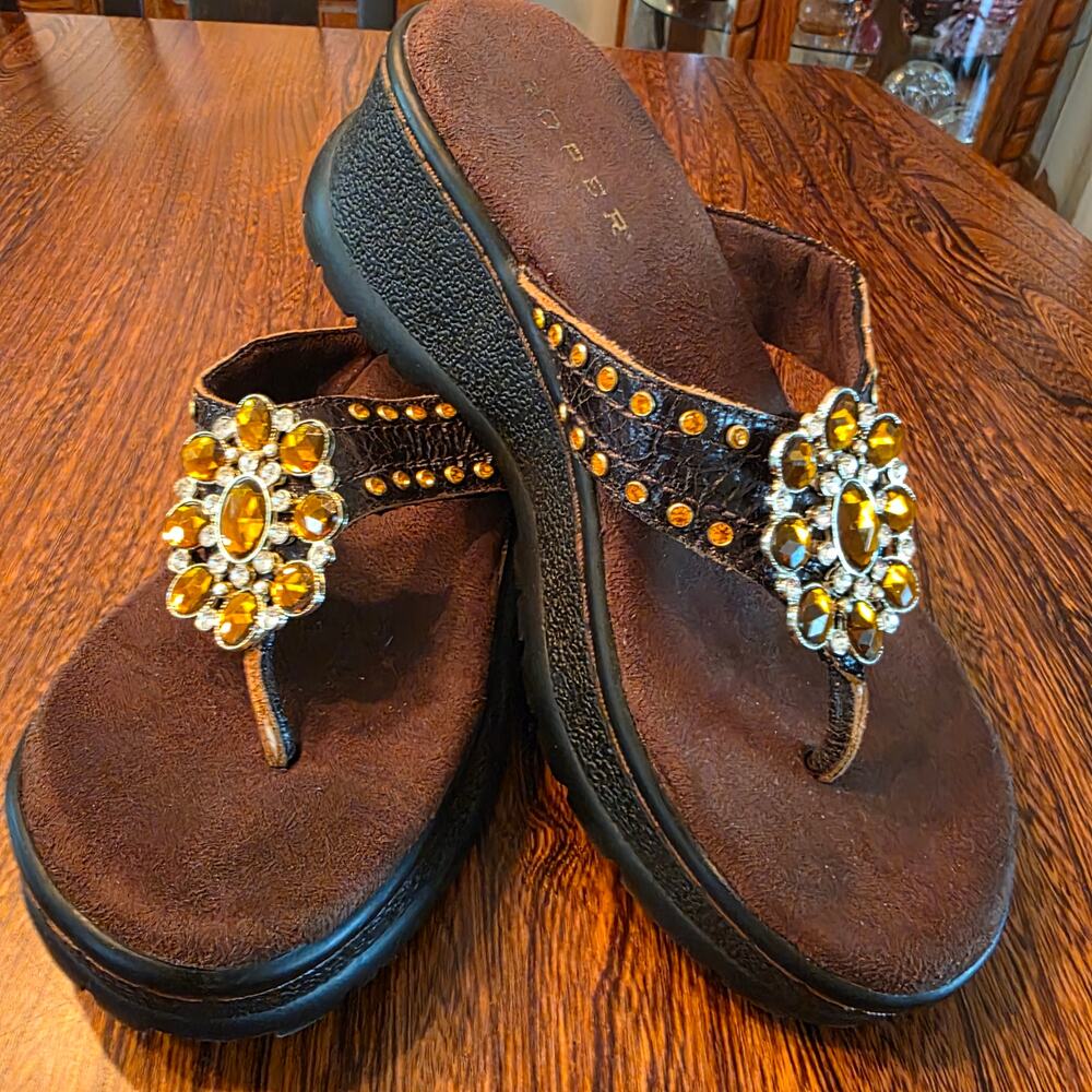 Roper Coastal Country Bling Brown Topaz Slide Leather Sandals SZ 8 Chunky Wedge